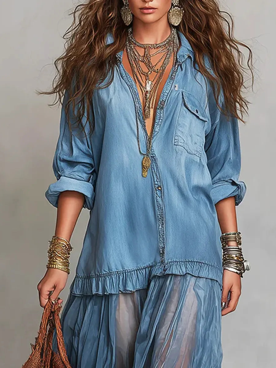 Women's Retro Lapel Denim Organza Patchwork Maxi Dress - Artful