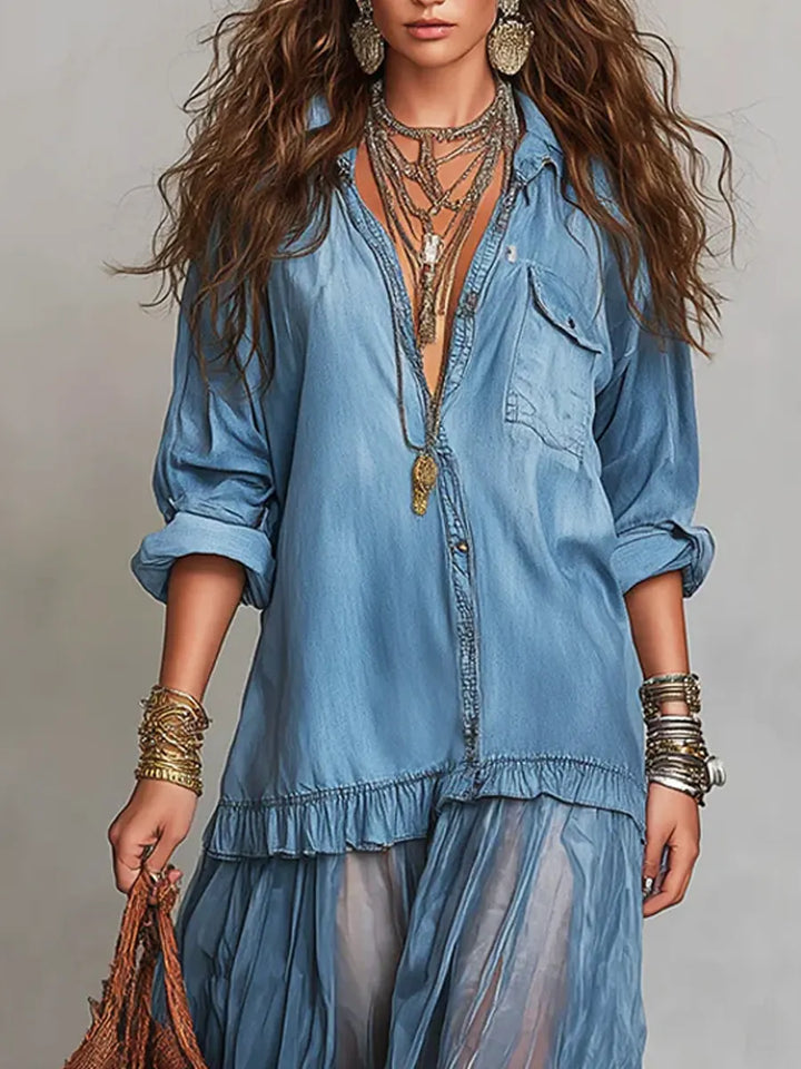 Women's Retro Lapel Denim & Organza Patchwork Maxi Dress