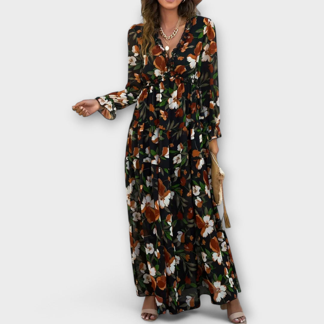 Women's Floral Maxi Dress - Graceful V-Neck & Long Sleeves