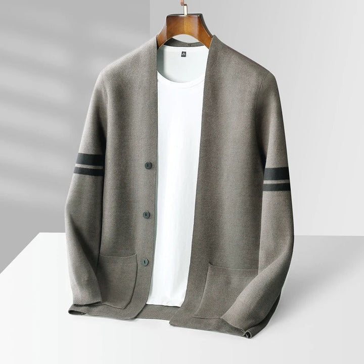 Men's Merino Blend Knit Cardigan – Varsity Stripe Layering – view 5