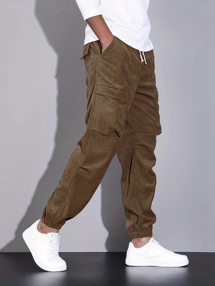 Men's Corduroy Cargo Trousers – Relaxed Tapered Drawstring Fit – view 6