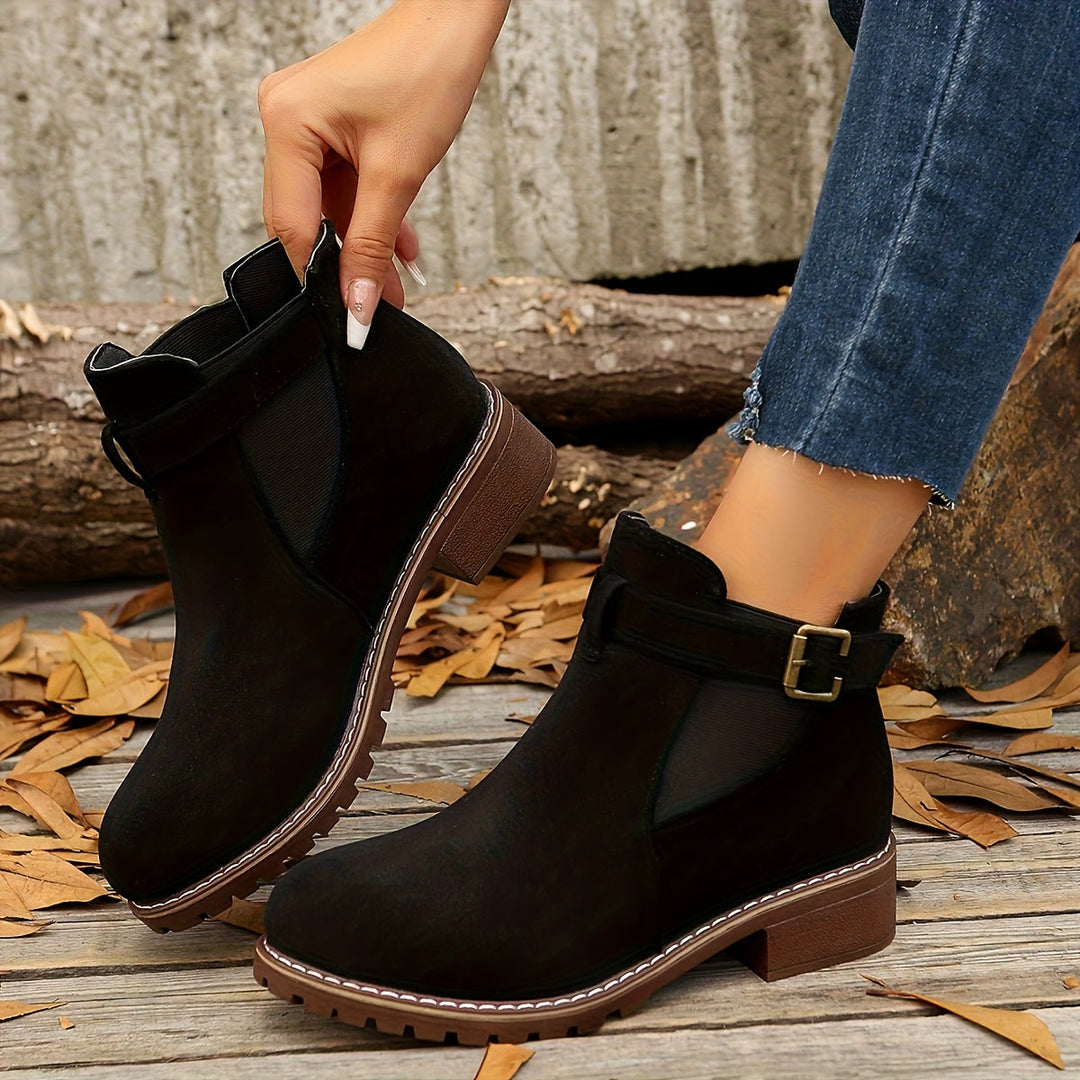 Women's Faux Suede Buckle Chelsea Boots – Low Block Heel – view 9