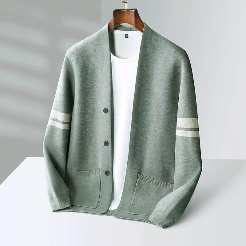 Men's Merino Blend Knit Cardigan – Varsity Stripe Layering – view 3