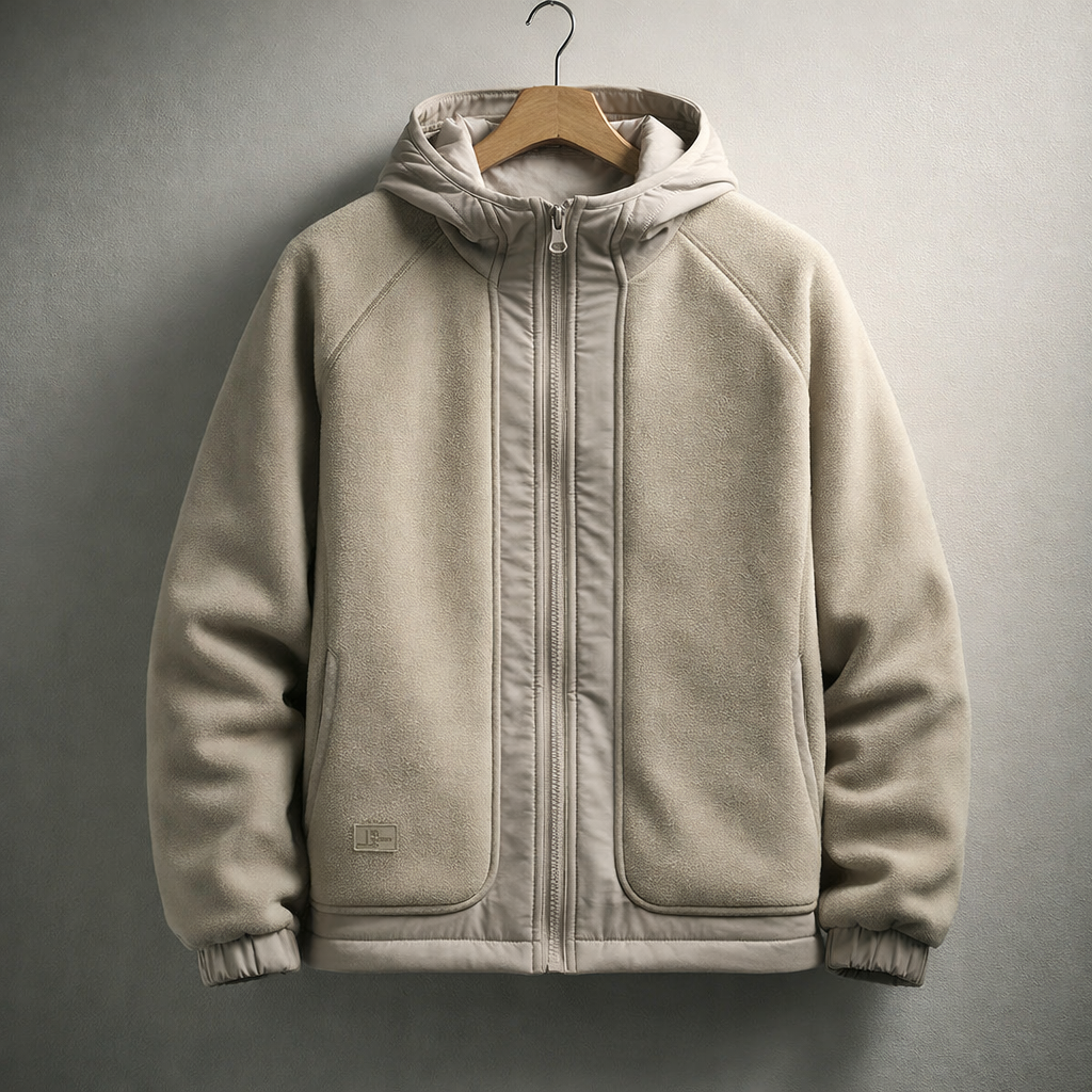 Men's Hooded Fleece Jacket – Two-Panel Layering Jacket with Pockets – Cream