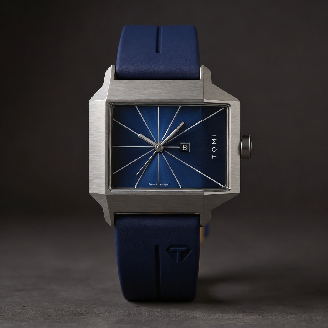 Men's Quartz Watch 39mm – Geometric Sunburst Dial – Silicone Strap – Royal Blue