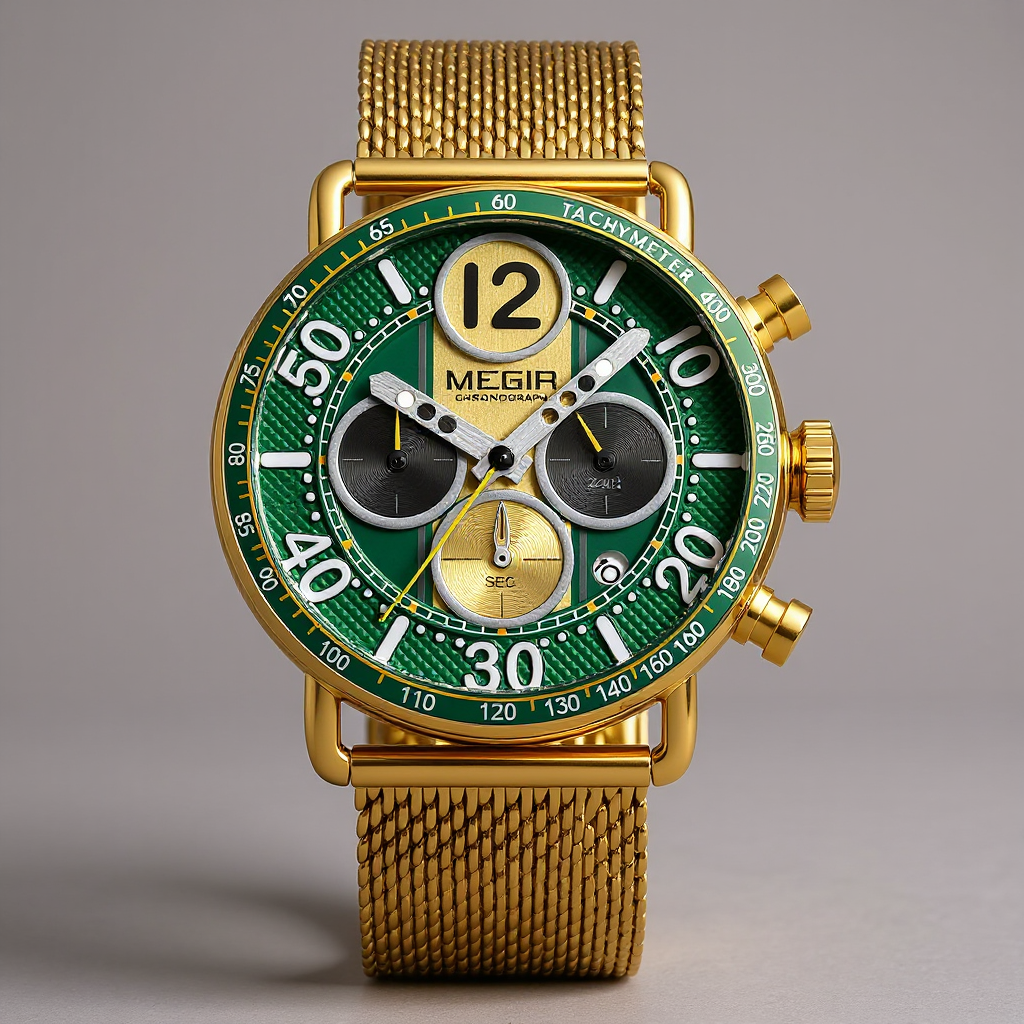 Men's Chronograph Watch 44mm – Gold-Tone Milanese Mesh Bracelet – Savile Green