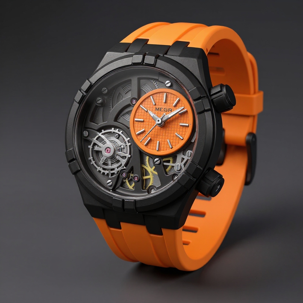 Men's Skeleton Quartz Watch 45mm – Exposed-Dial Silicone Strap – Neon Orange
