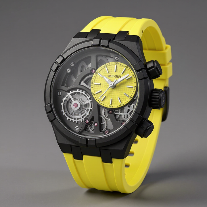 Men's Skeleton Quartz Watch 45mm – Exposed-Dial Silicone Strap – Neon Yellow