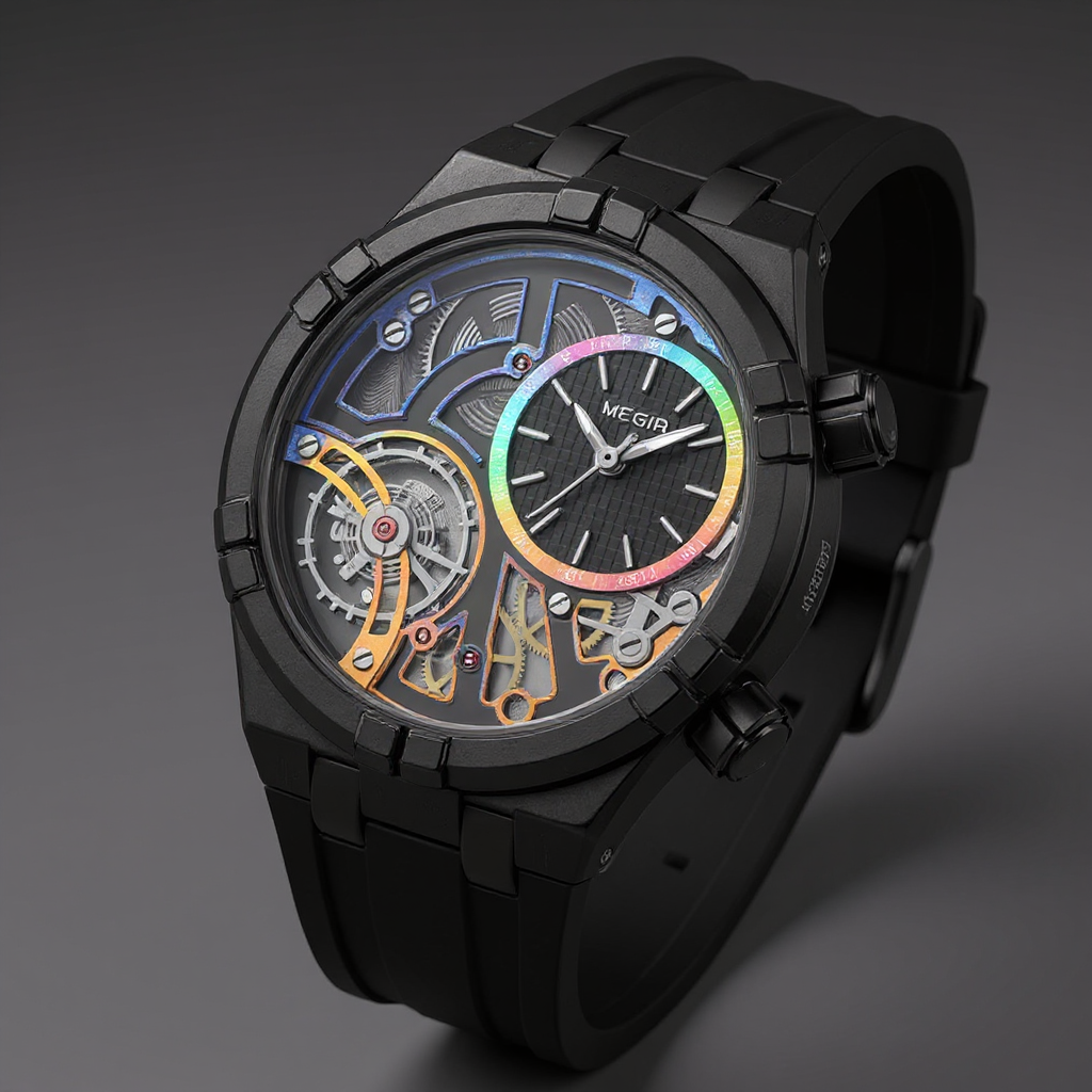 Men's Skeleton Quartz Watch 45mm – Exposed-Dial Silicone Strap – Charcoal Fusion