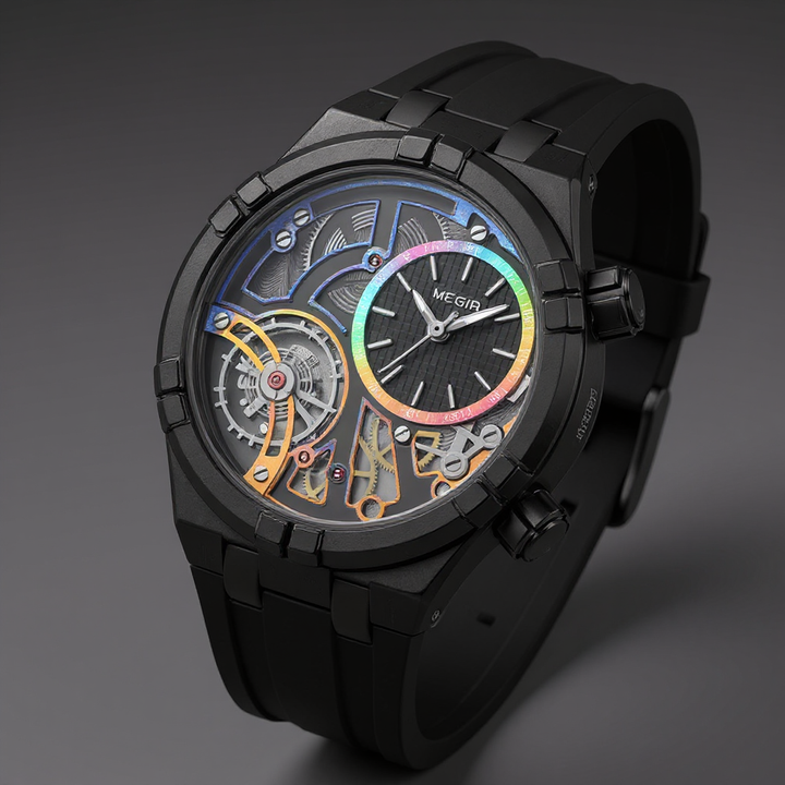 Men's Skeleton Quartz Watch 45mm – Exposed-Dial Silicone Strap – Charcoal Fusion