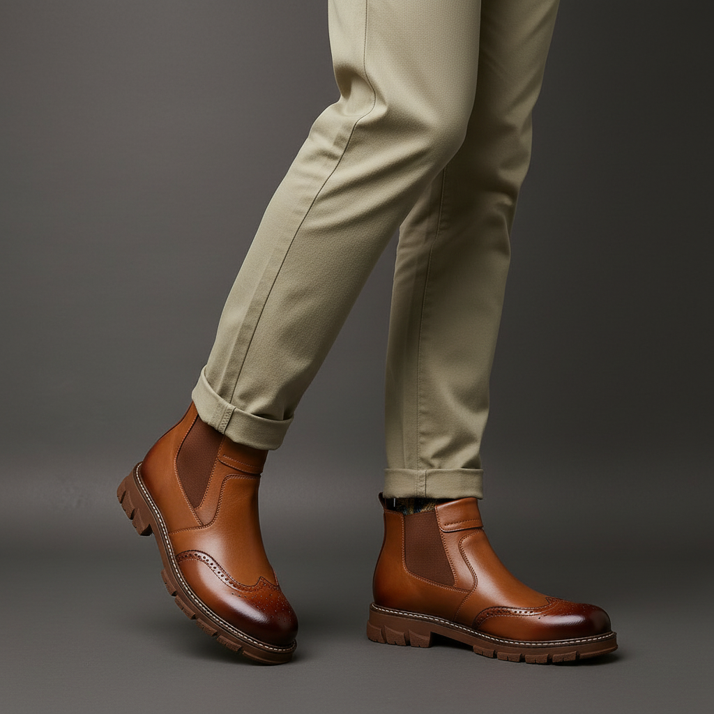 Men's Leather Chelsea Boots - Brogue Detail Winter Boots – view 2