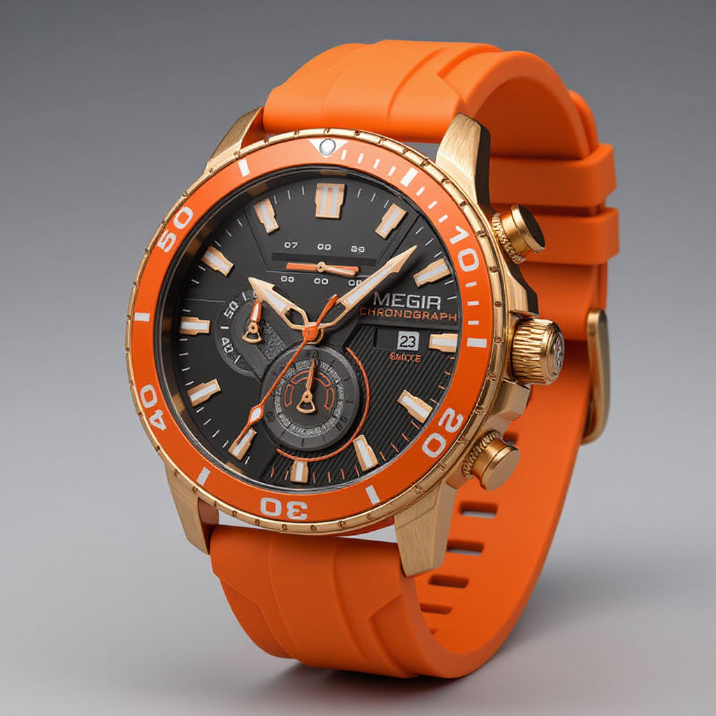 Men's Chronograph Watch 44mm – Ceramic Bezel – Silicone Strap – Neon Orange