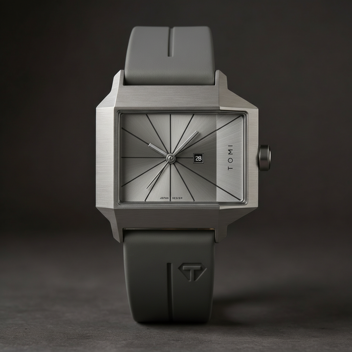 Men's Quartz Watch 39mm – Geometric Sunburst Dial – Silicone Strap – Slate Gray