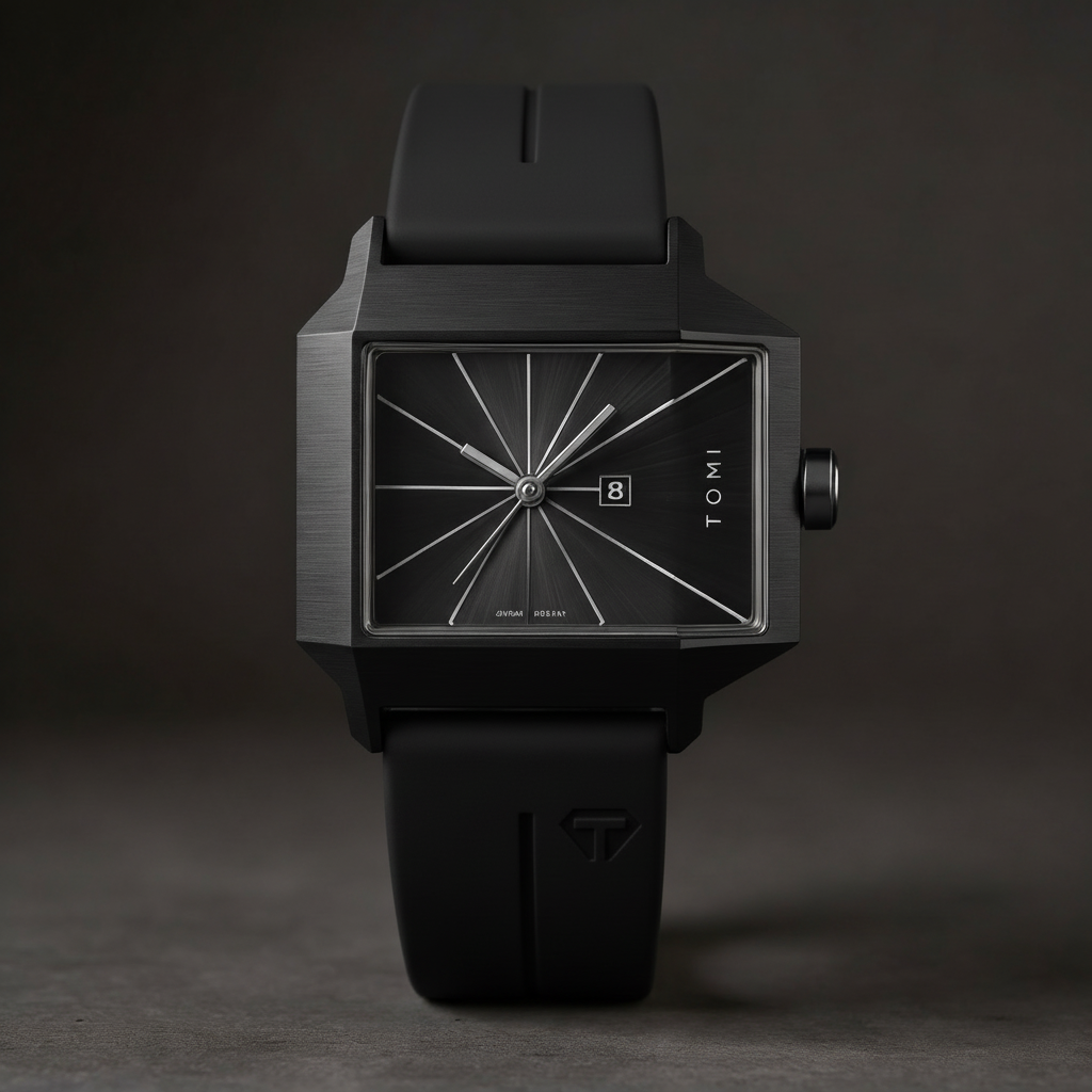 Men's Quartz Watch 39mm – Geometric Sunburst Dial – Silicone Strap – Charcoal