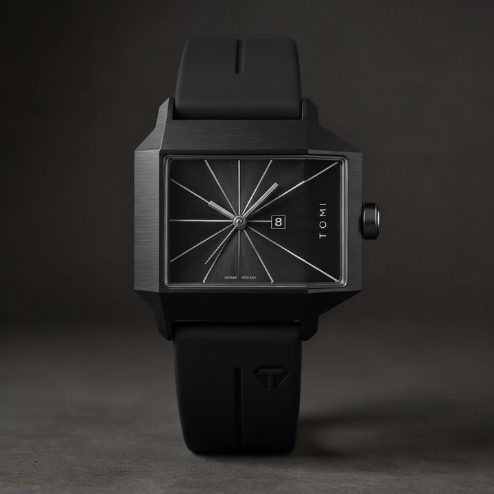 Men's Quartz Watch 39mm – Geometric Sunburst Dial – Silicone Strap – Charcoal