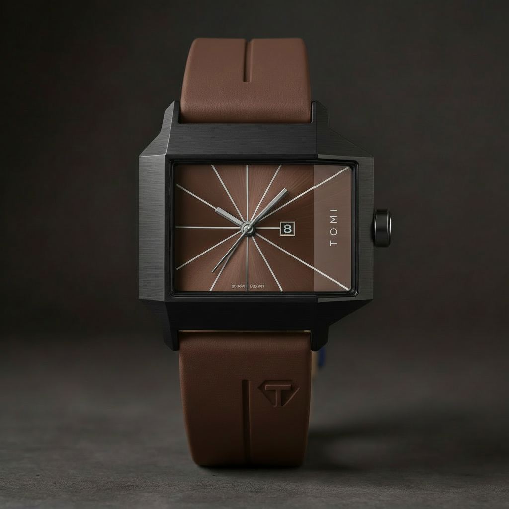 Men's Quartz Watch 39mm – Geometric Sunburst Dial – Silicone Strap – Espresso Brown