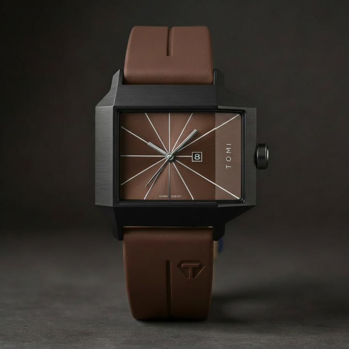 Men's Quartz Watch 39mm – Geometric Sunburst Dial – Silicone Strap – Espresso Brown