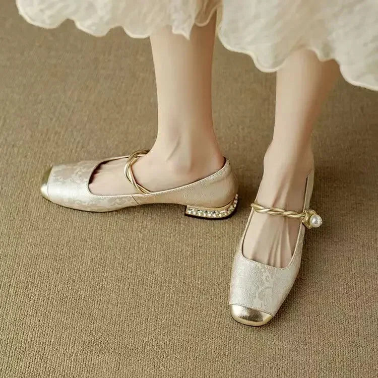 Women's Pearl Strap Pumps – Verona Embellished Low Heel Shoes