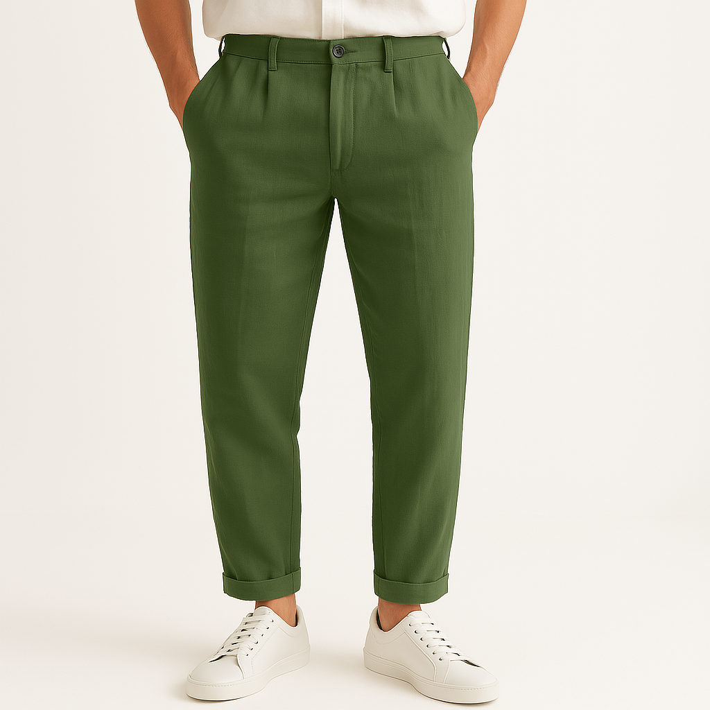 Men's Linen Blend Straight-Leg Trousers – Breathable Summer Wear – Green