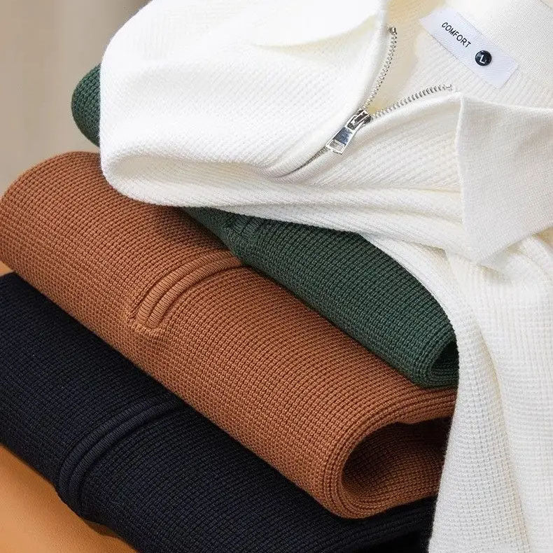 Men's Waffle Knit Half-Zip Polo – Textured Long Sleeve Jumper – view 11