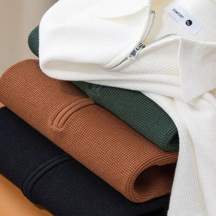 Men's Waffle Knit Half-Zip Polo – Textured Long Sleeve Jumper – view 11