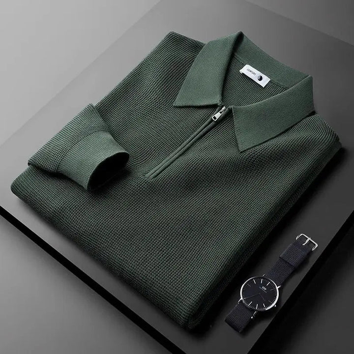 Men's Waffle Knit Half-Zip Polo – Textured Long Sleeve Jumper – view 2