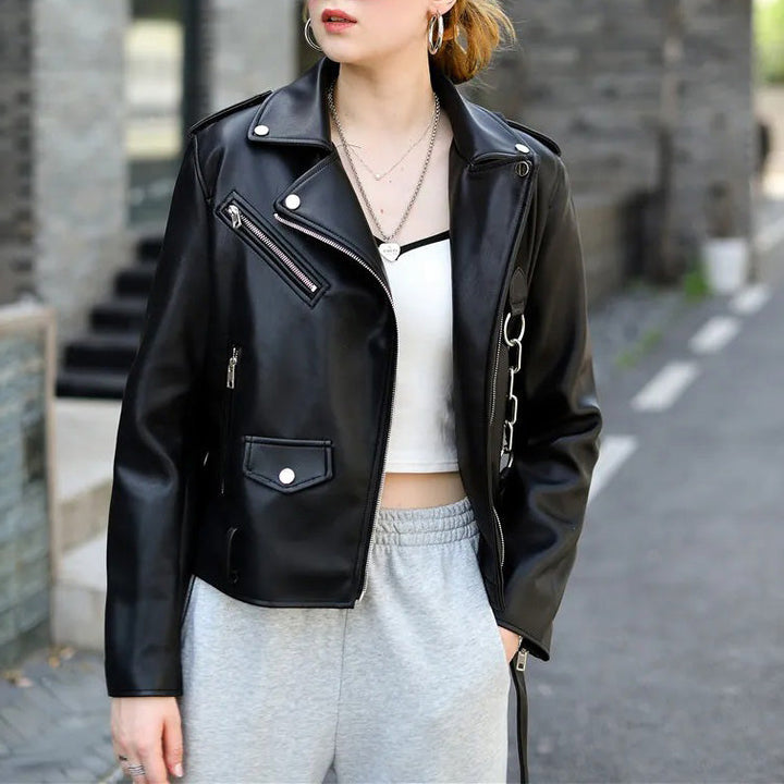 Women's Faux Leather Moto Jacket – Biker Style with Zipped Cuffs – Black