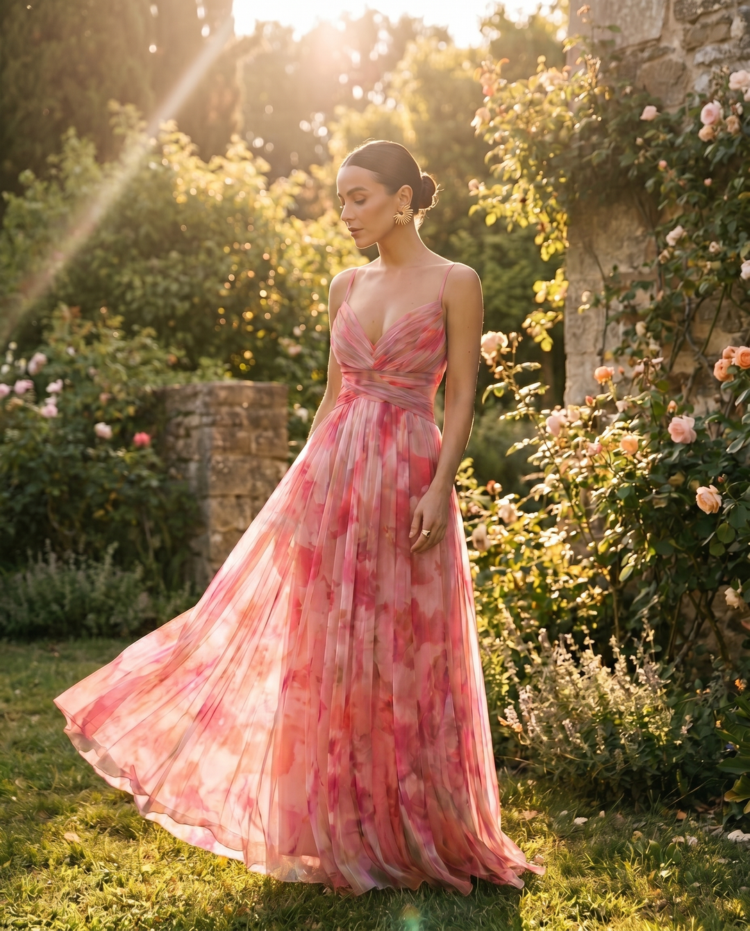 Giselle floral maxi dress in pink, sunlit garden