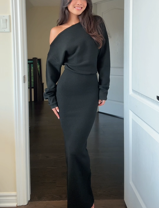 Women's One-Shoulder Long Sleeve Dress – Elegant Evening Wear