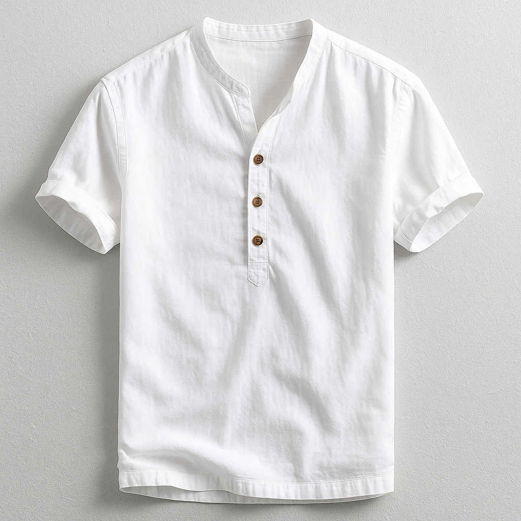 Men's Linen Cotton Henley – Band Collar Summer Shirt – White
