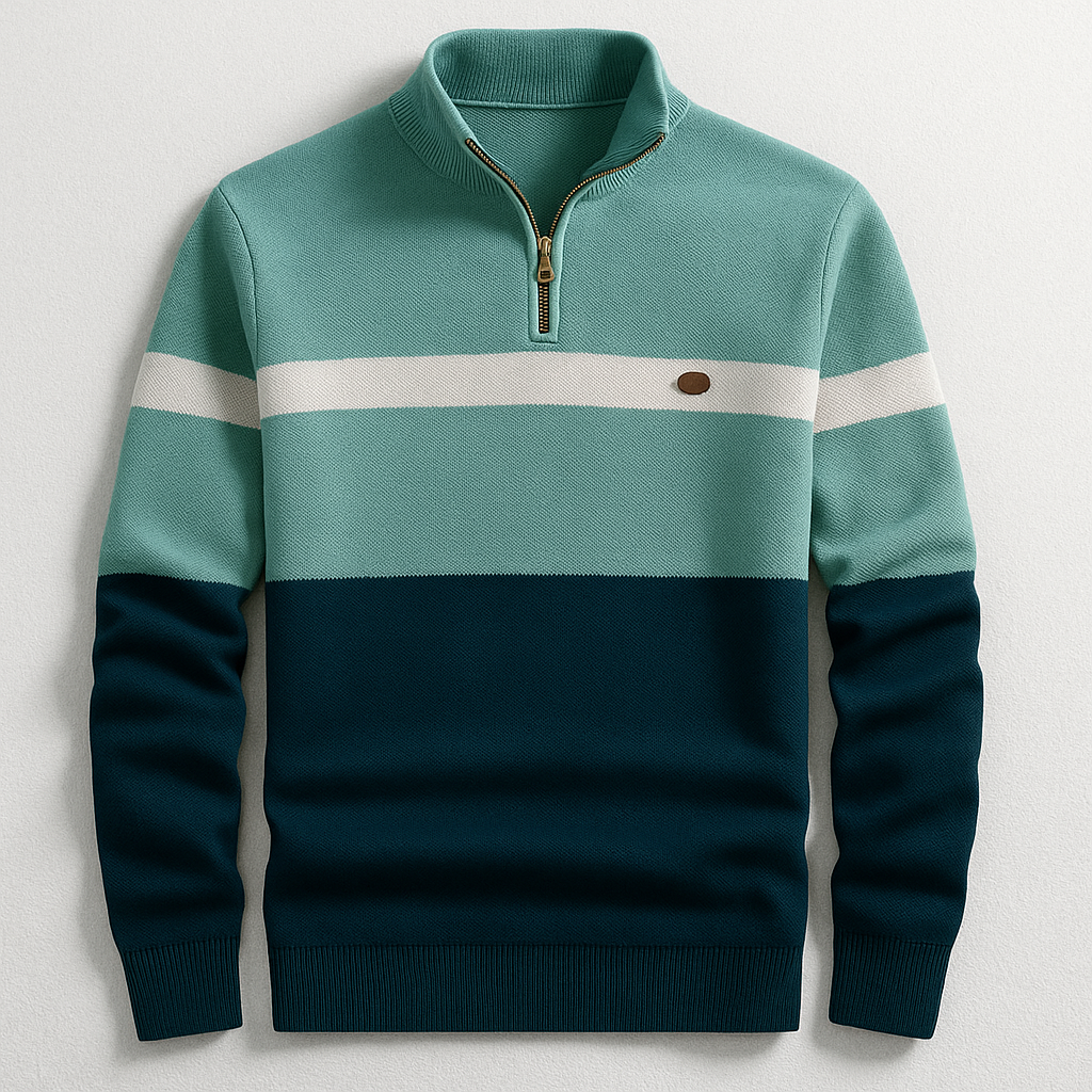 Men's Quarter-Zip Pullover – Colour-Block Cotton Jumper – Green Navy