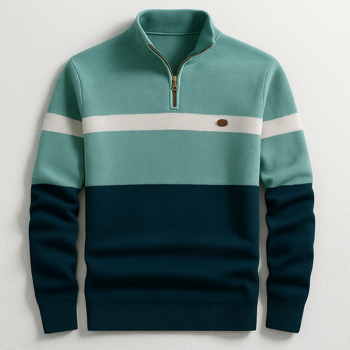 Men's Quarter-Zip Pullover – Colour-Block Cotton Jumper – Green Navy