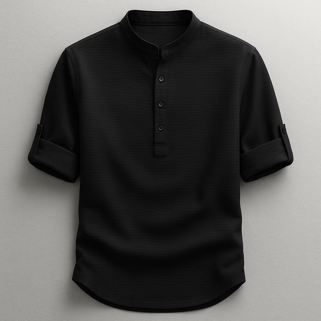 Men's Cotton-Linen Shirt – Tailored Fit with Roll Sleeves – Black