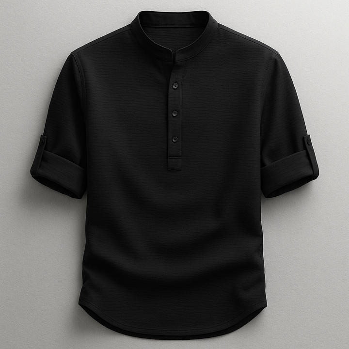 Men's Cotton-Linen Shirt – Tailored Fit with Roll Sleeves – Black