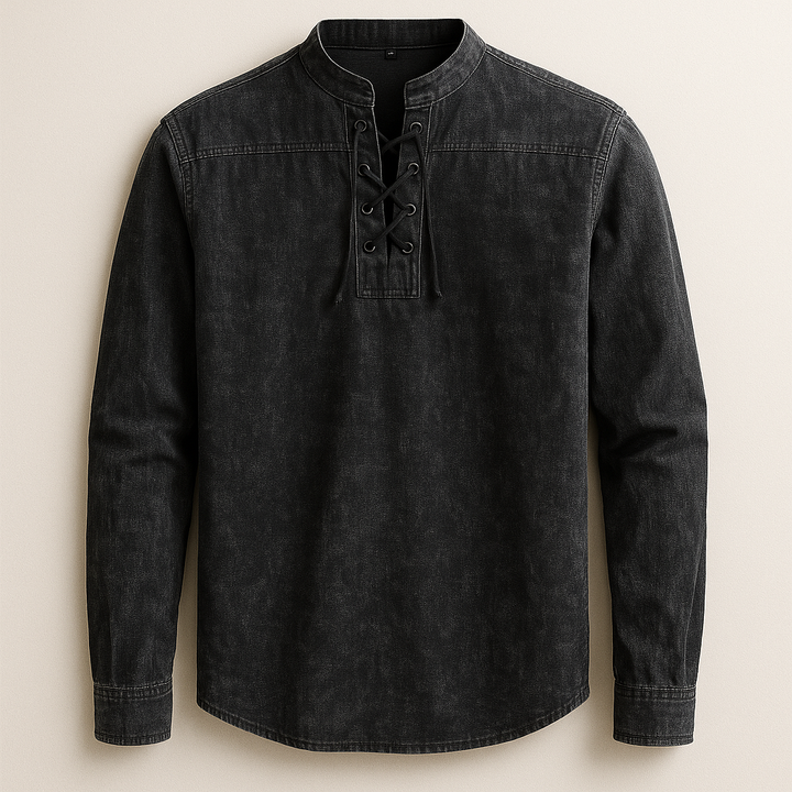 Men's Linen Cotton Lace-Up Shirt – Band Collar Relaxed Fit – Black