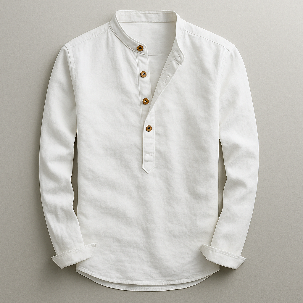 Men's Linen Blend Henley Shirt – Mandarin Collar Summer Top – White