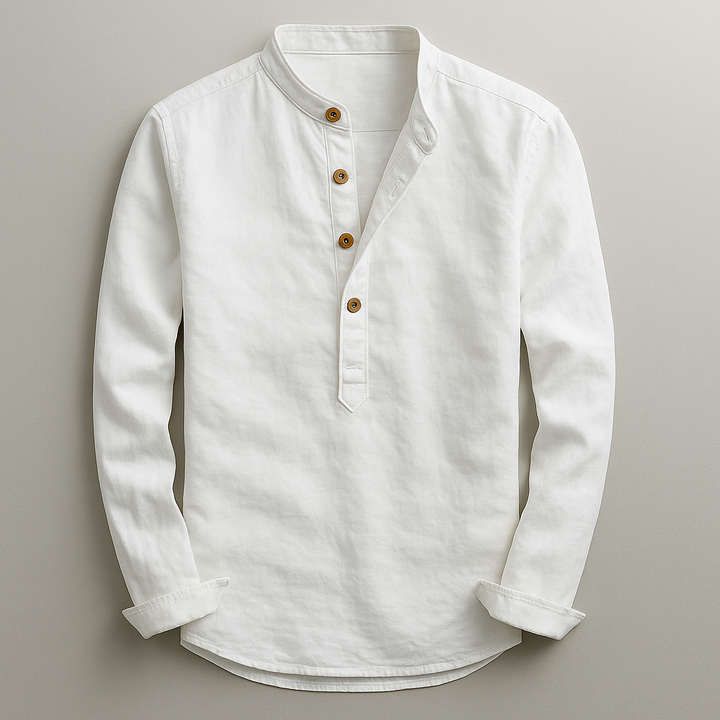 Men's Linen Blend Henley Shirt – Mandarin Collar Summer Top – White
