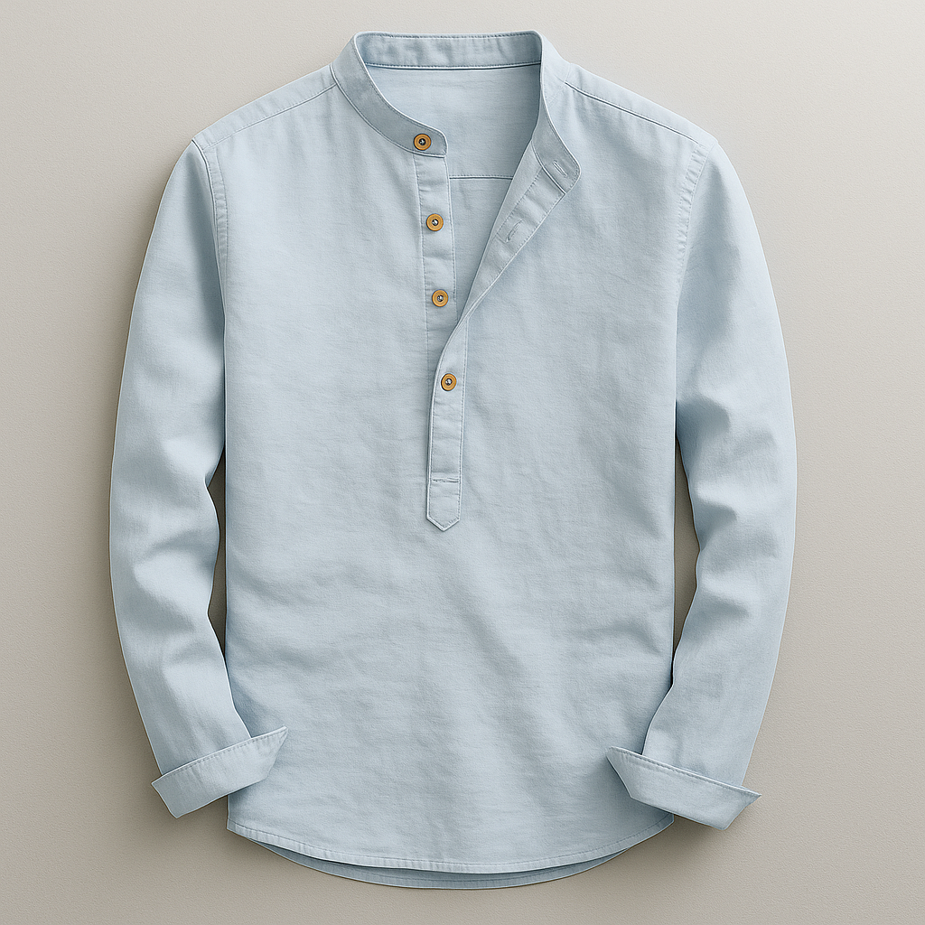Men's Linen Blend Henley Shirt – Mandarin Collar Summer Top – Blue