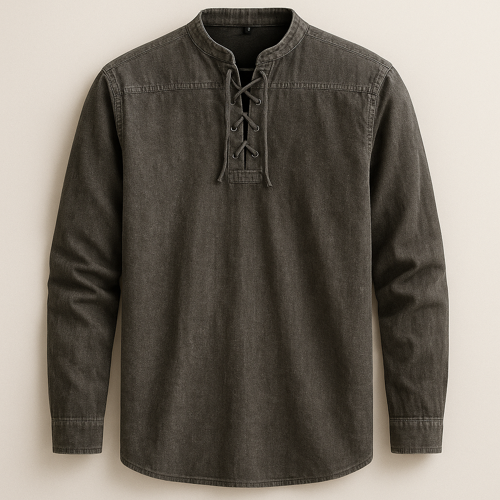 Men's Linen Cotton Lace-Up Shirt – Band Collar Relaxed Fit – Grey
