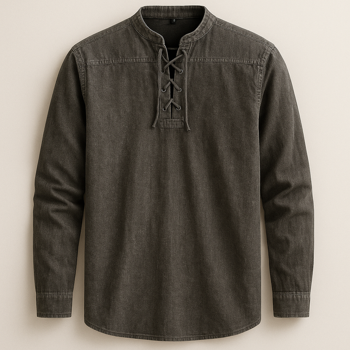 Men's Linen Cotton Lace-Up Shirt – Band Collar Relaxed Fit – Grey