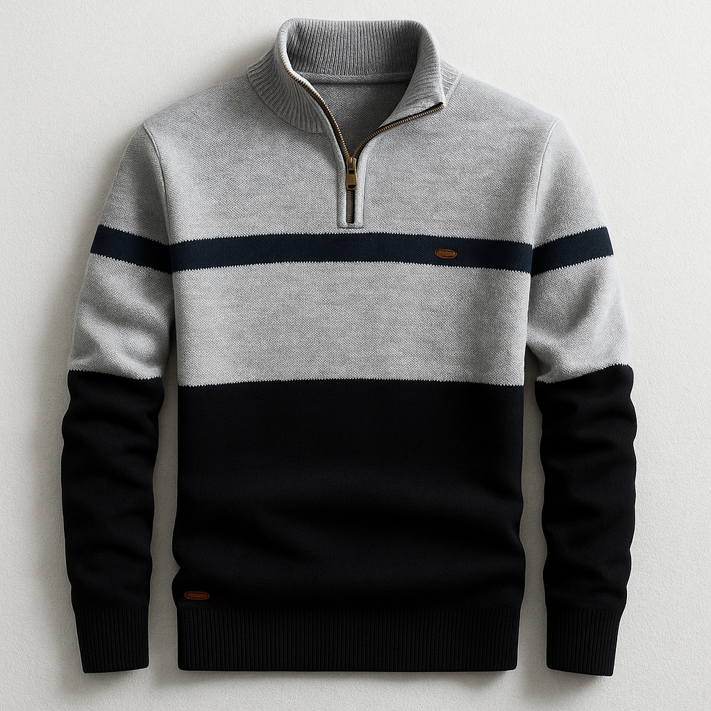 Men's Quarter-Zip Pullover – Colour-Block Cotton Jumper – Grey Navy