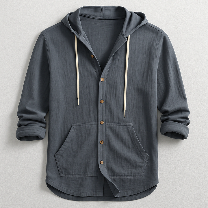 Men's Cotton-Linen Hooded Shirt – Relaxed Button-Up Layer – Grey