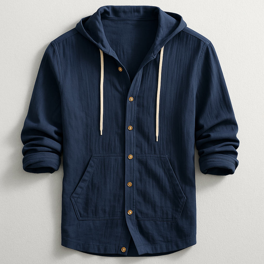 Men's Cotton-Linen Hooded Shirt – Relaxed Button-Up Layer – Navy