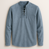 Men's Linen Cotton Lace-Up Shirt – Band Collar Relaxed Fit