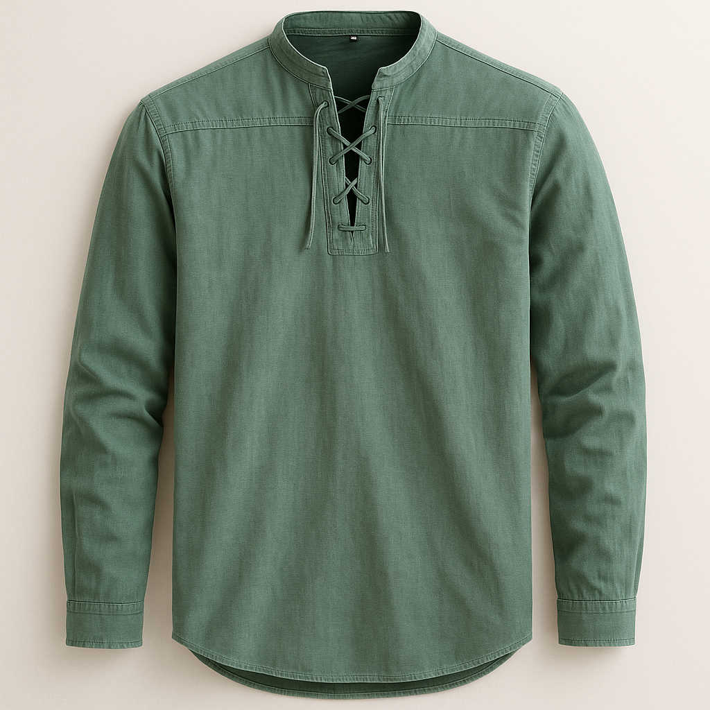 Men's Linen Cotton Lace-Up Shirt – Band Collar Relaxed Fit – Green