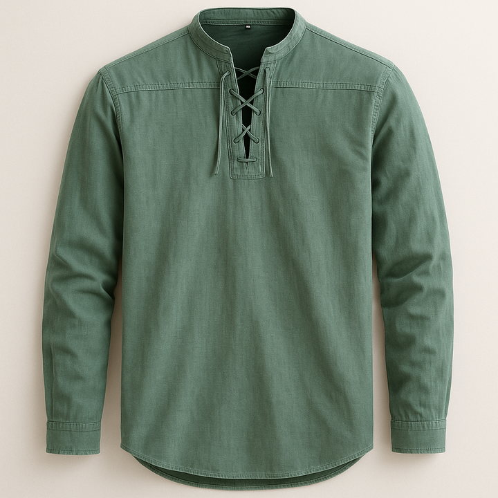 Men's Linen Cotton Lace-Up Shirt – Band Collar Relaxed Fit – Green