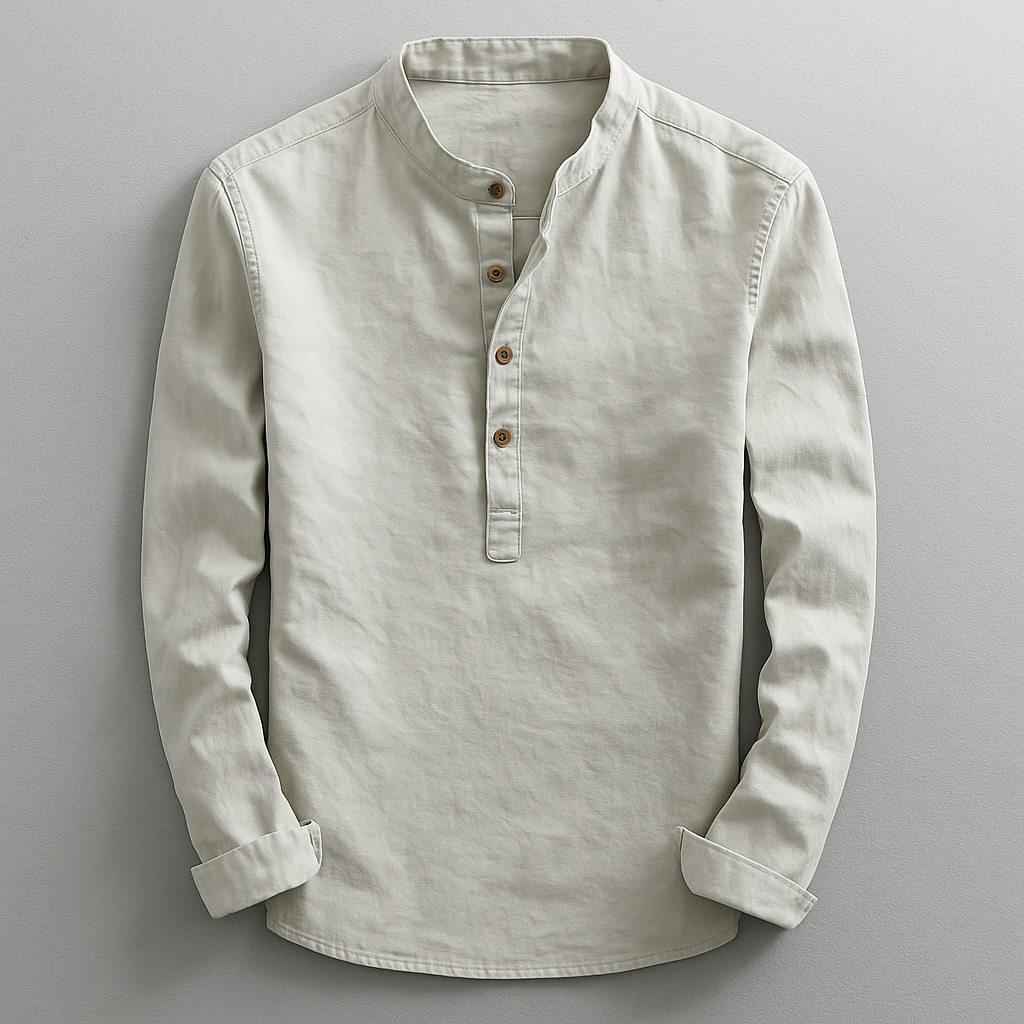 Men's Linen Blend Henley Shirt – Mandarin Collar Summer Top – Grey