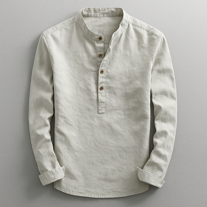 Men's Linen Blend Henley Shirt – Mandarin Collar Summer Top – Grey