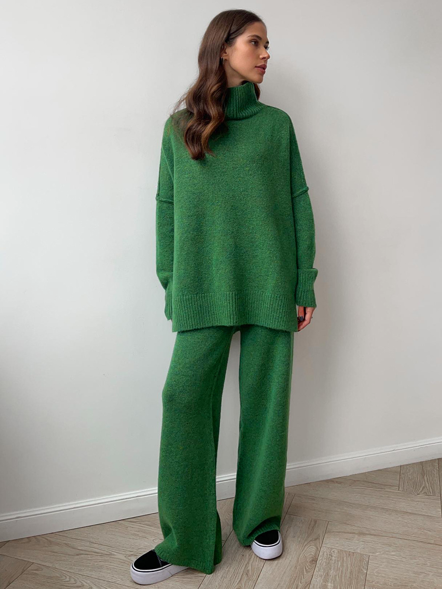 Women's Knit Co-ord Set – Roll Neck Jumper & Wide-Leg Trousers