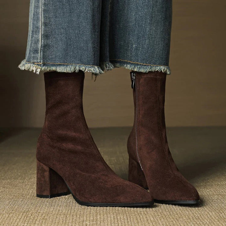 Women's Celinne Paris Genuine Suede Boots - Pointed Toe & Block Heel